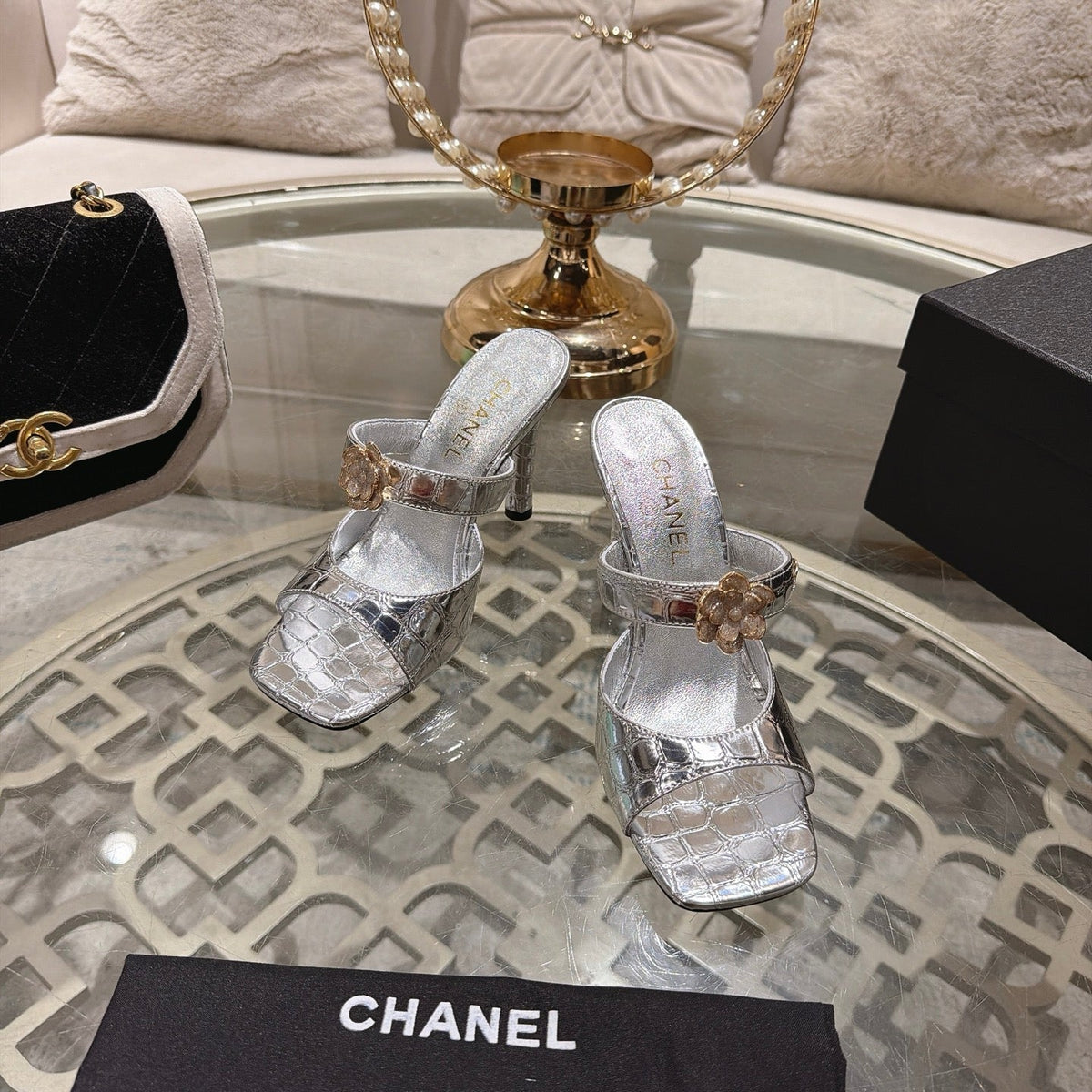 CC 26A Camellia Double C Square Toe Mules 10cm Silver Stone-Grain Cowhide 890673