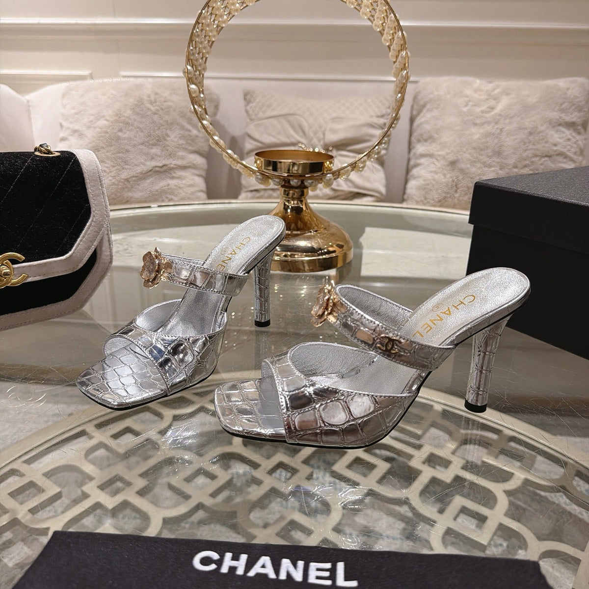 CC 26A Camellia Double C Square Toe Mules 10cm Silver Stone-Grain Cowhide 890673