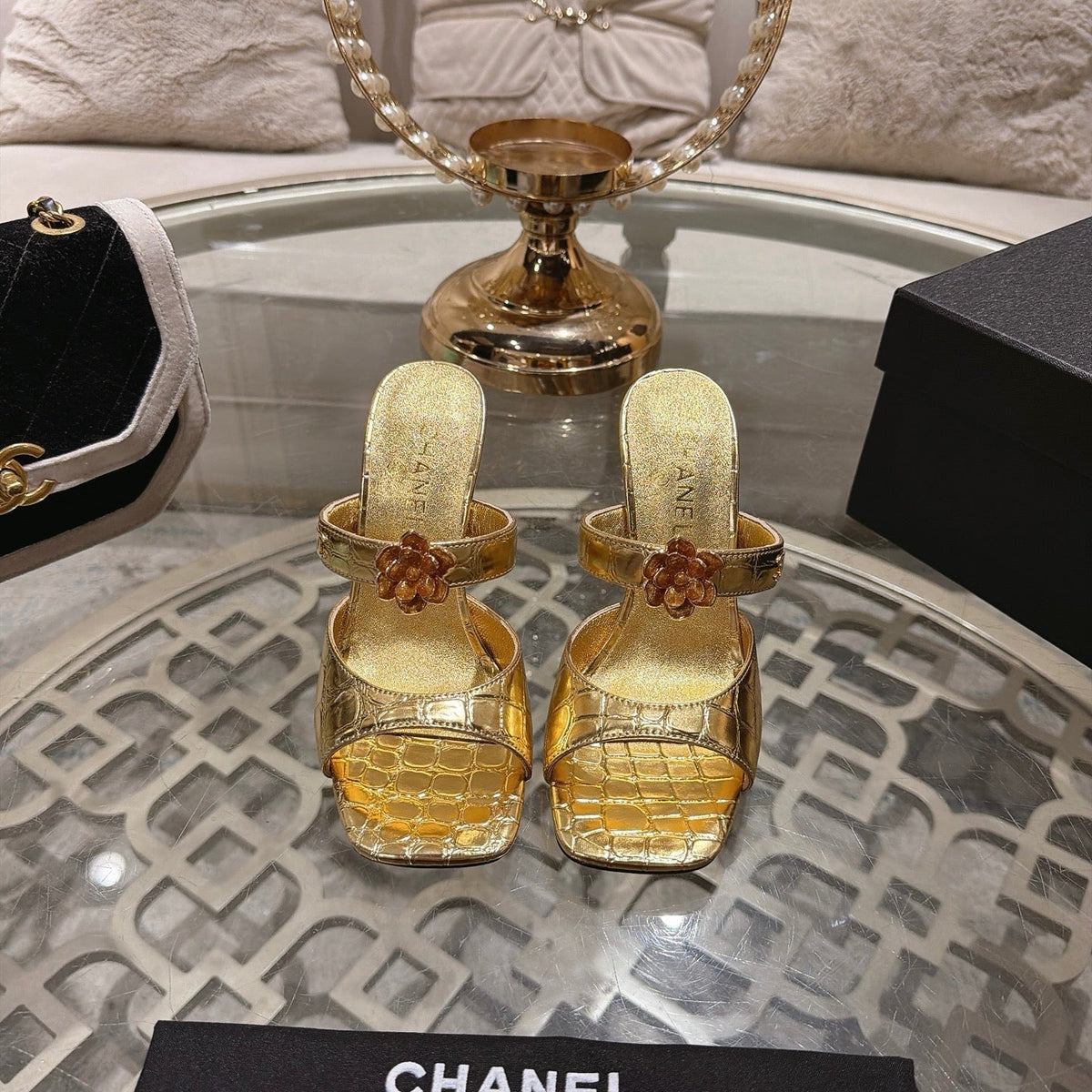 CC 26A Camellia Double C Square Toe Mules 10cm Gold Stone-Grain Cowhide 890672