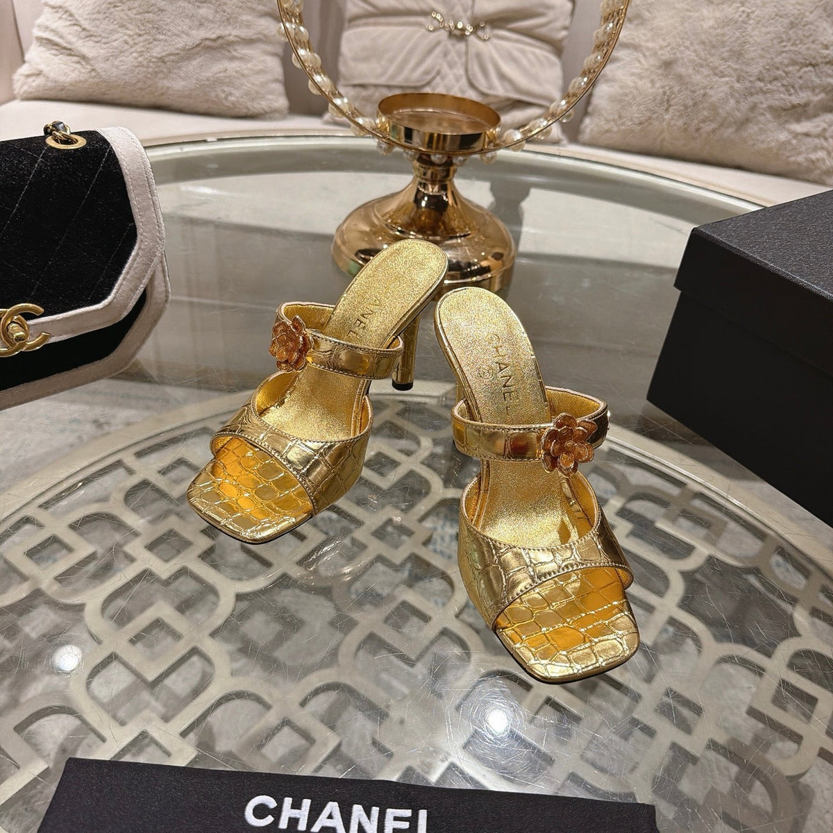 CC 26A Camellia Double C Square Toe Mules 10cm Gold Stone-Grain Cowhide 890672