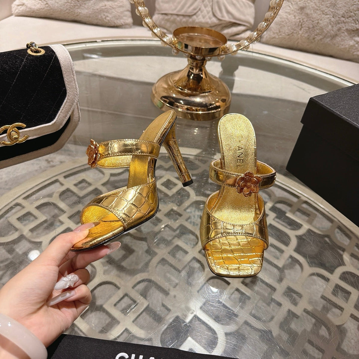 CC 26A Camellia Double C Square Toe Mules 10cm Gold Stone-Grain Cowhide 890672