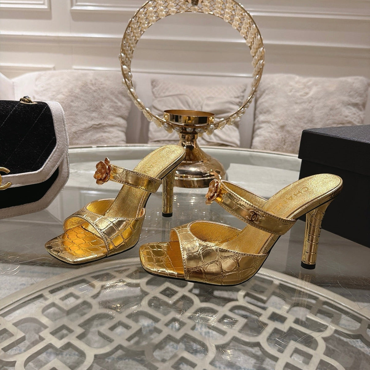 CC 26A Camellia Double C Square Toe Mules 10cm Gold Stone-Grain Cowhide 890672