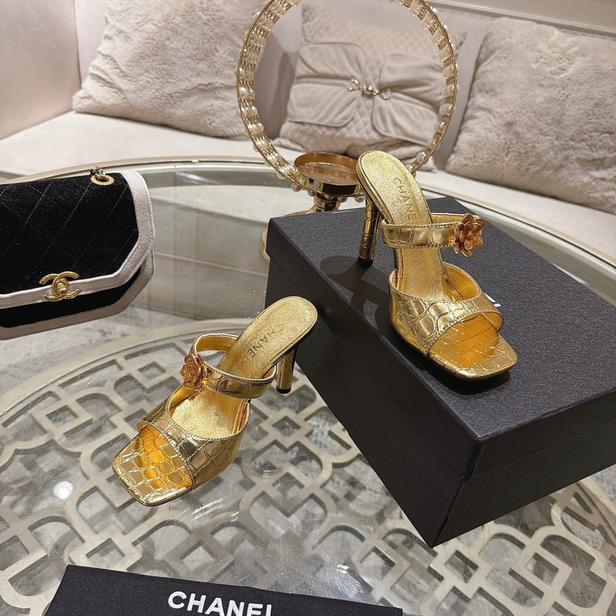 CC 26A Camellia Double C Square Toe Mules 10cm Gold Stone-Grain Cowhide 890672