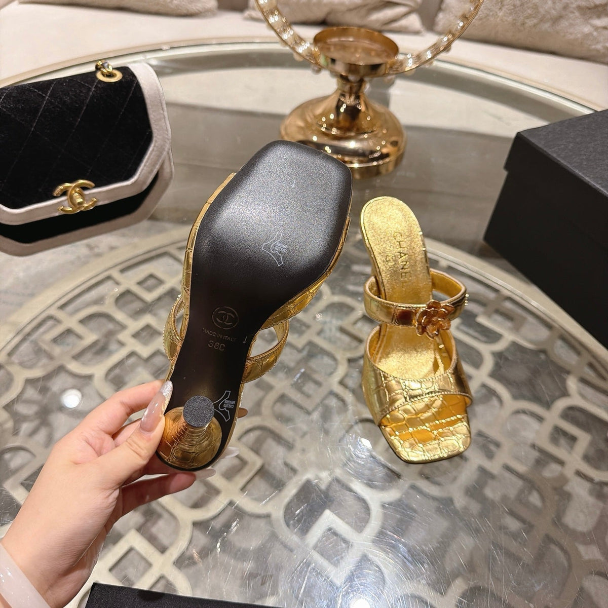 CC 26A Camellia Double C Square Toe Mules 10cm Gold Stone-Grain Cowhide 890672