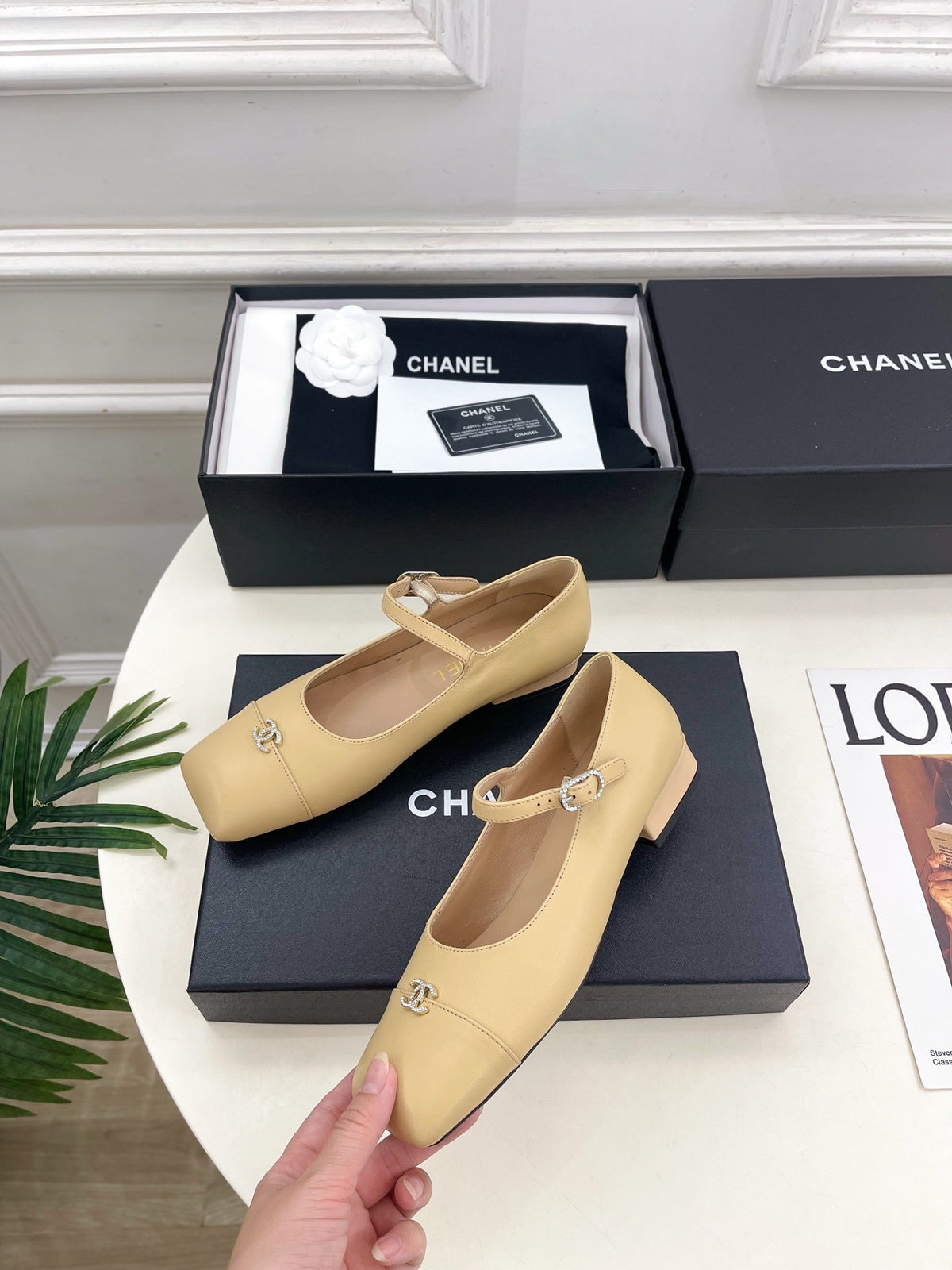 CC Square Toe Mary Jane Flats 2.5cm Beige Lambskin Leather 891750