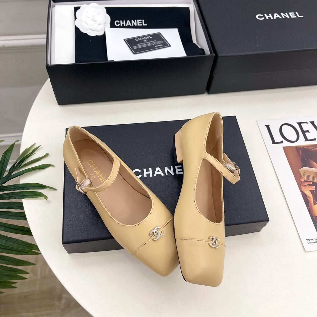 CC Square Toe Mary Jane Flats 2.5cm Beige Lambskin Leather 891750