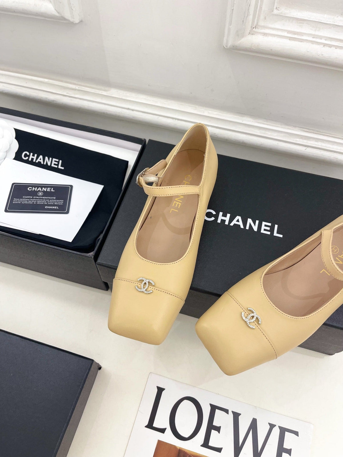 CC Square Toe Mary Jane Flats 2.5cm Beige Lambskin Leather 891750