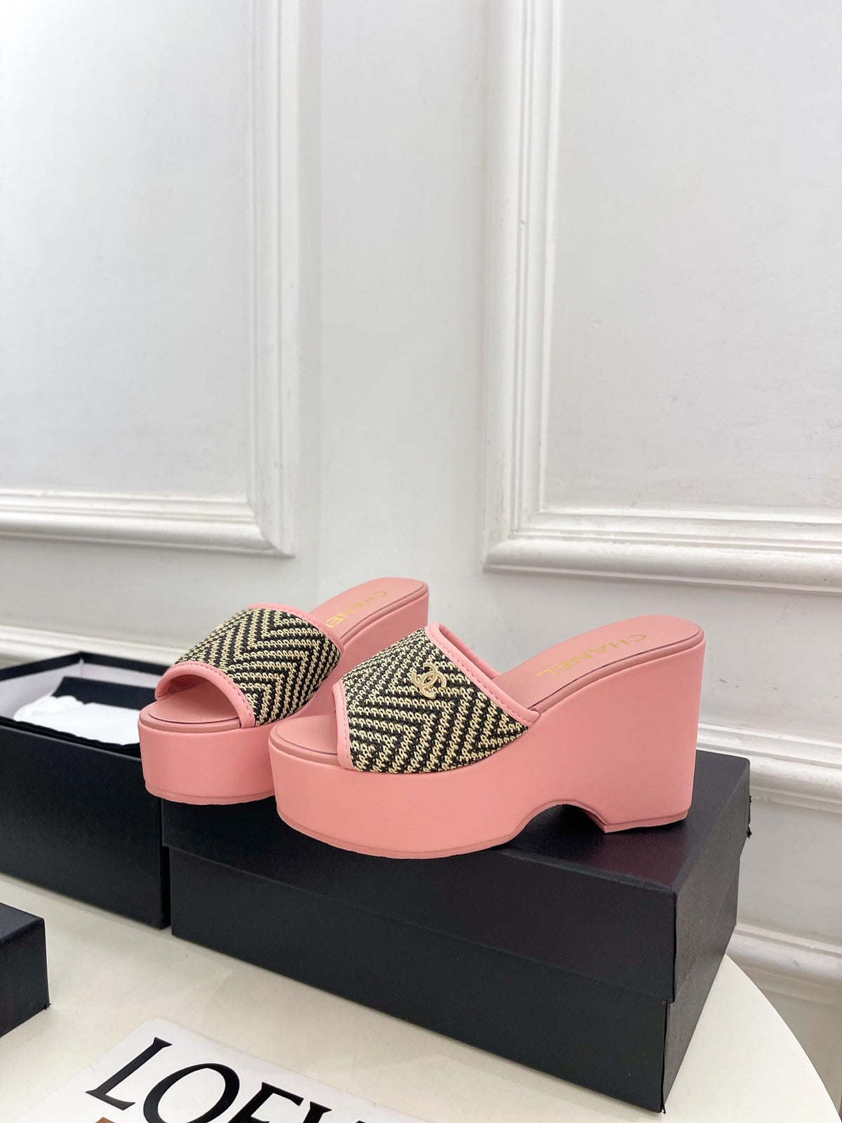 CC Double C Platform Wedge Mules 10cm Pink Tweed 891786
