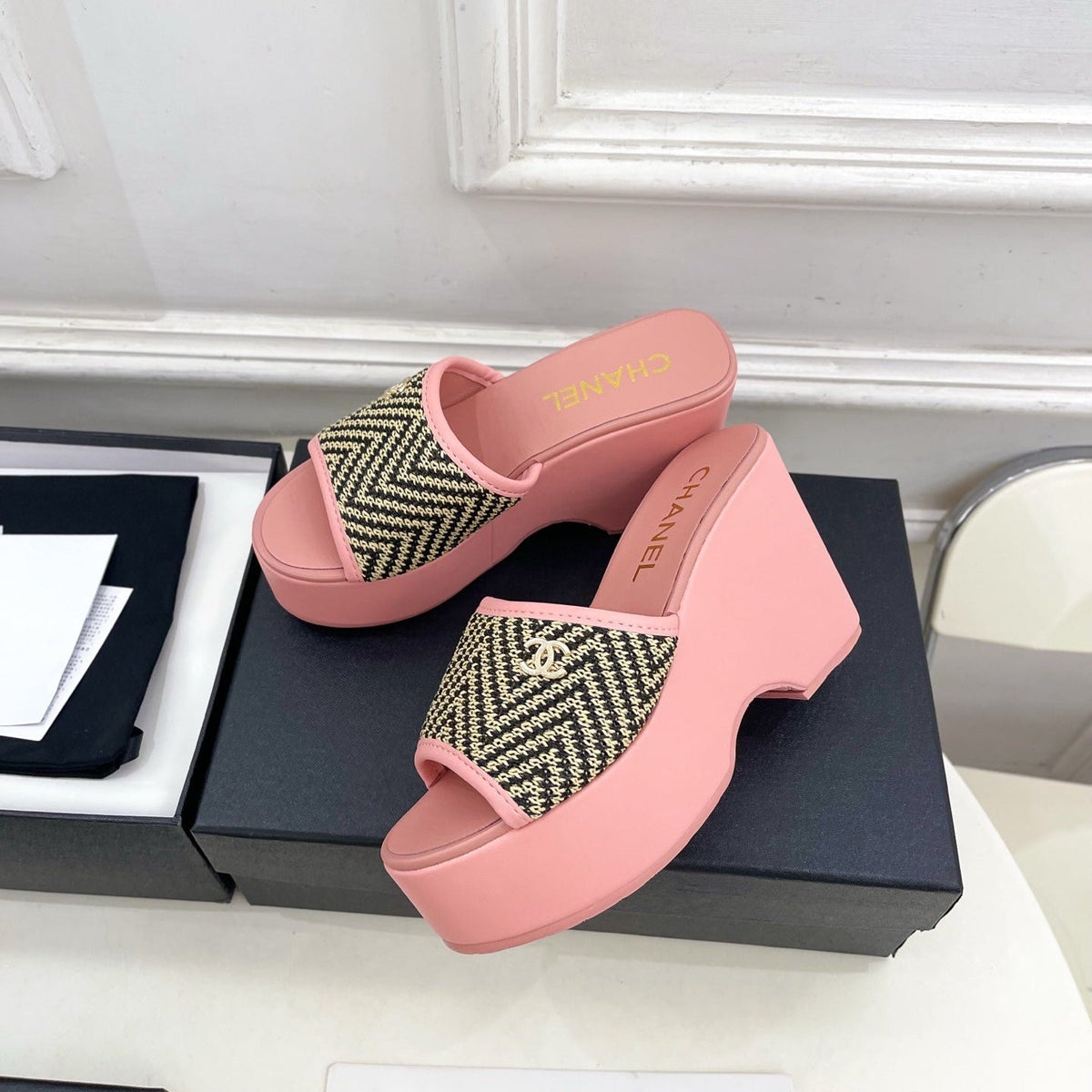 CC Double C Platform Wedge Mules 10cm Pink Tweed 891786