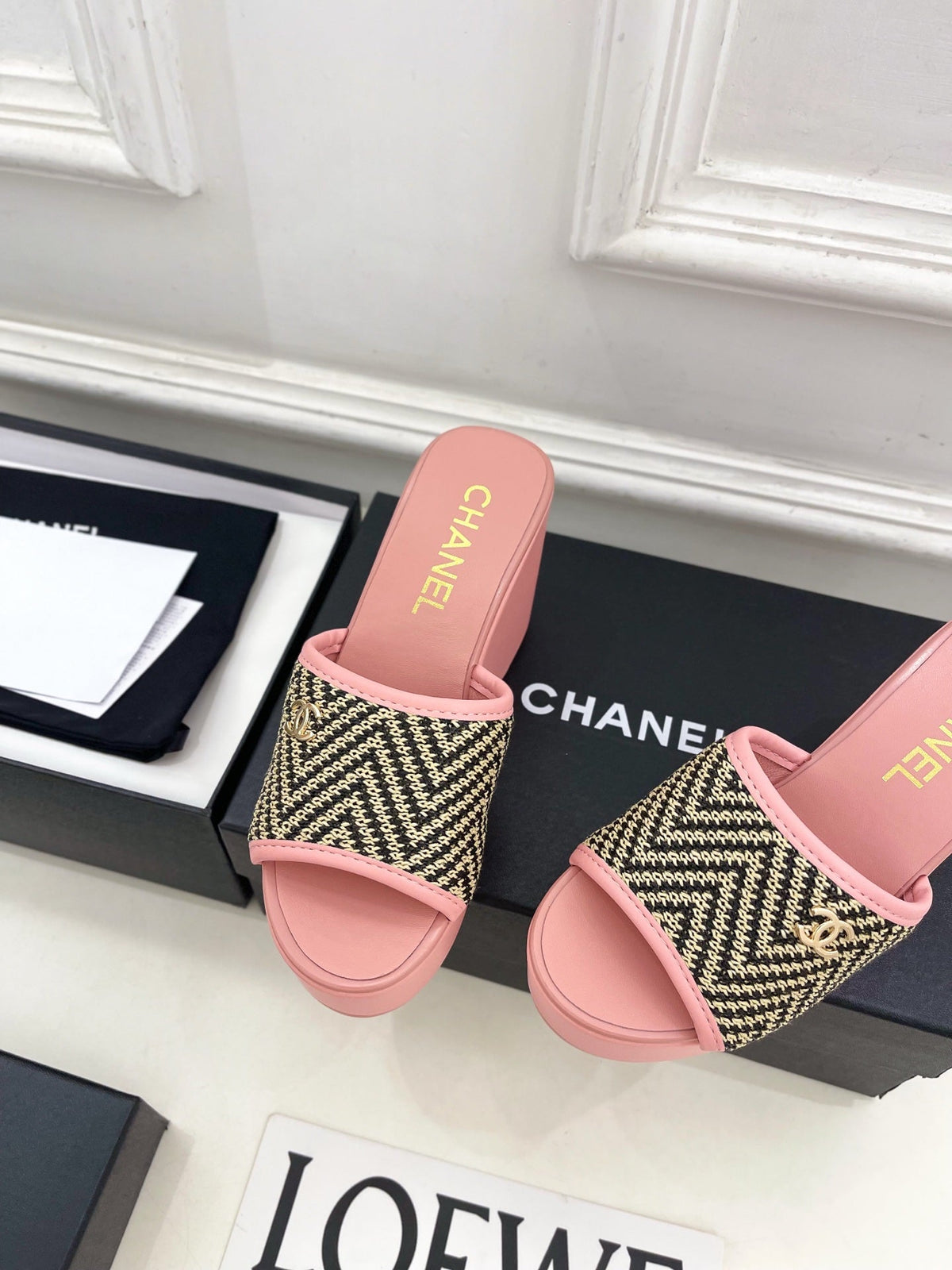 CC Double C Platform Wedge Mules 10cm Pink Tweed 891786
