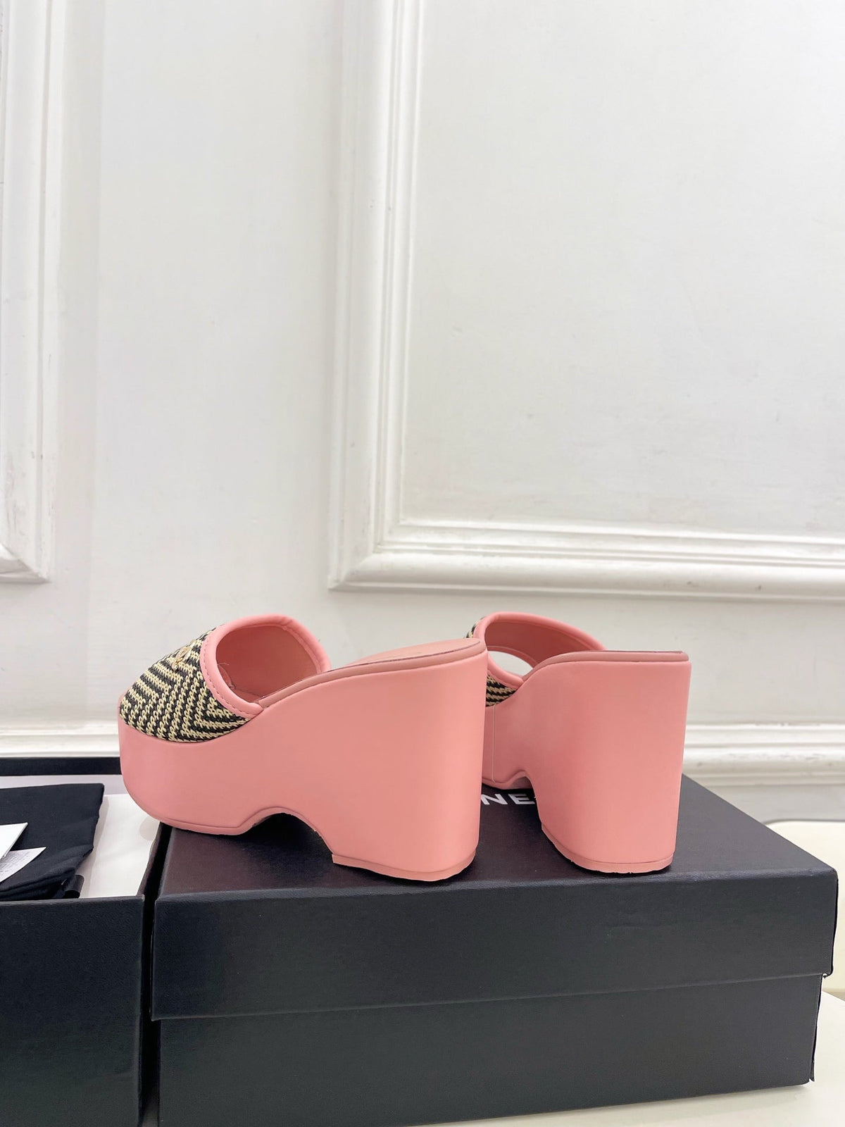 CC Double C Platform Wedge Mules 10cm Pink Tweed 891786