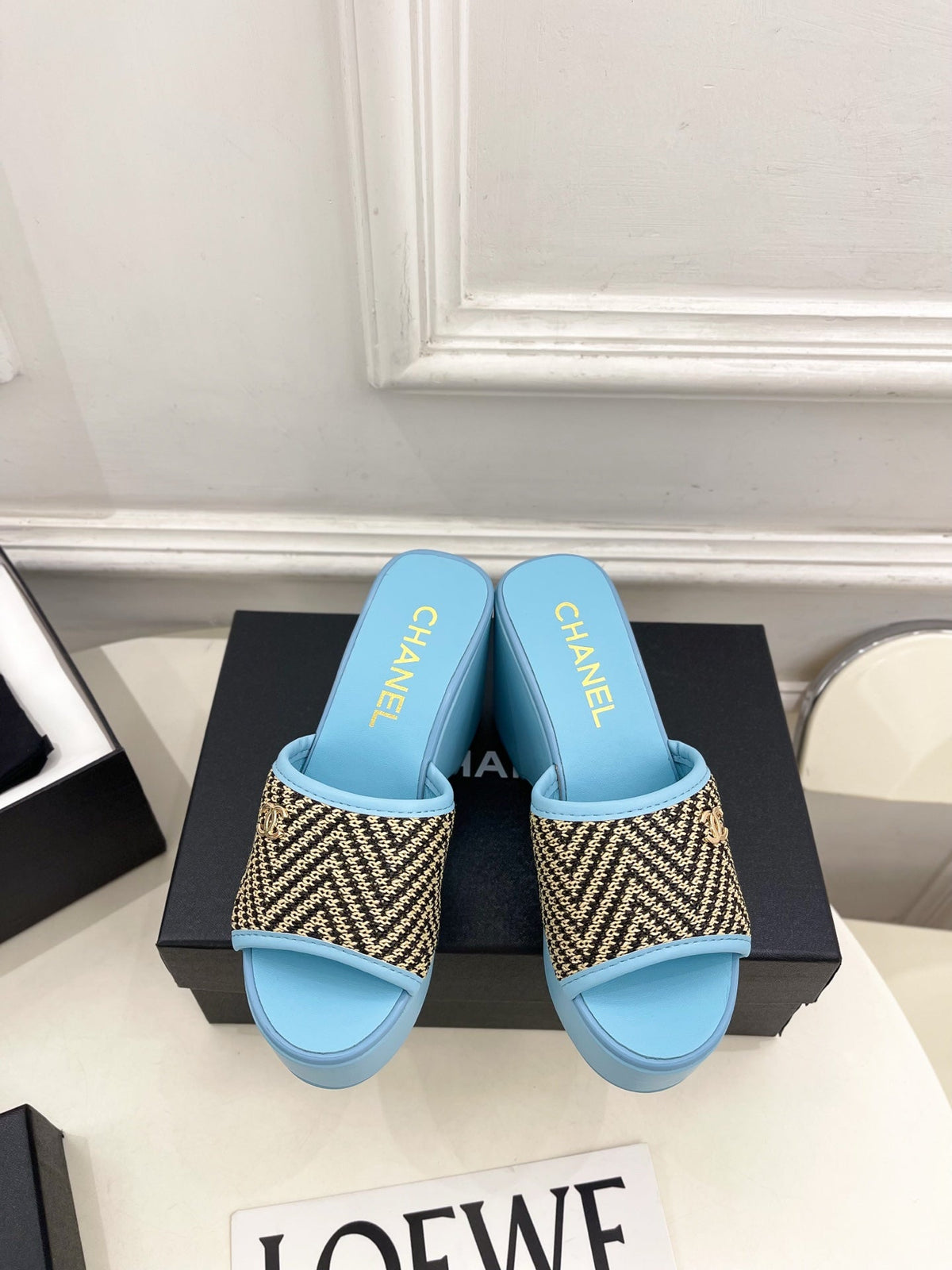 CC Double C Platform Wedge Mules 10cm Blue Tweed 891785