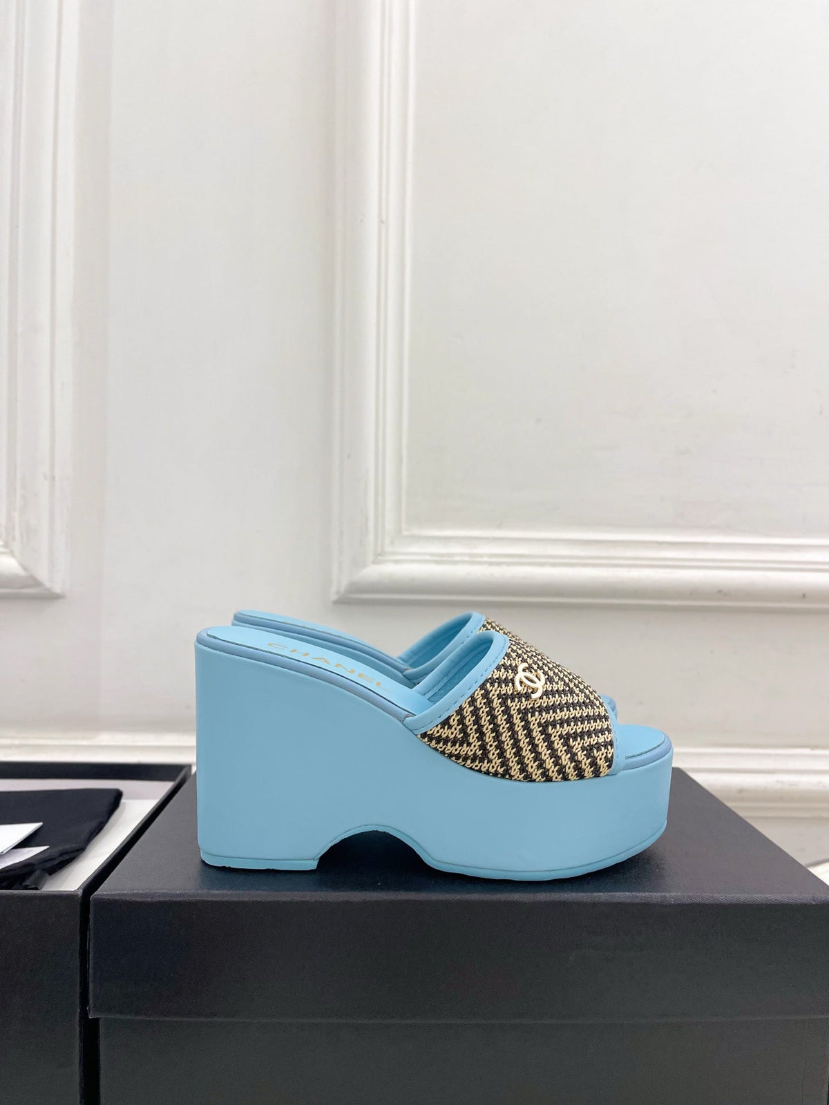 CC Double C Platform Wedge Mules 10cm Blue Tweed 891785