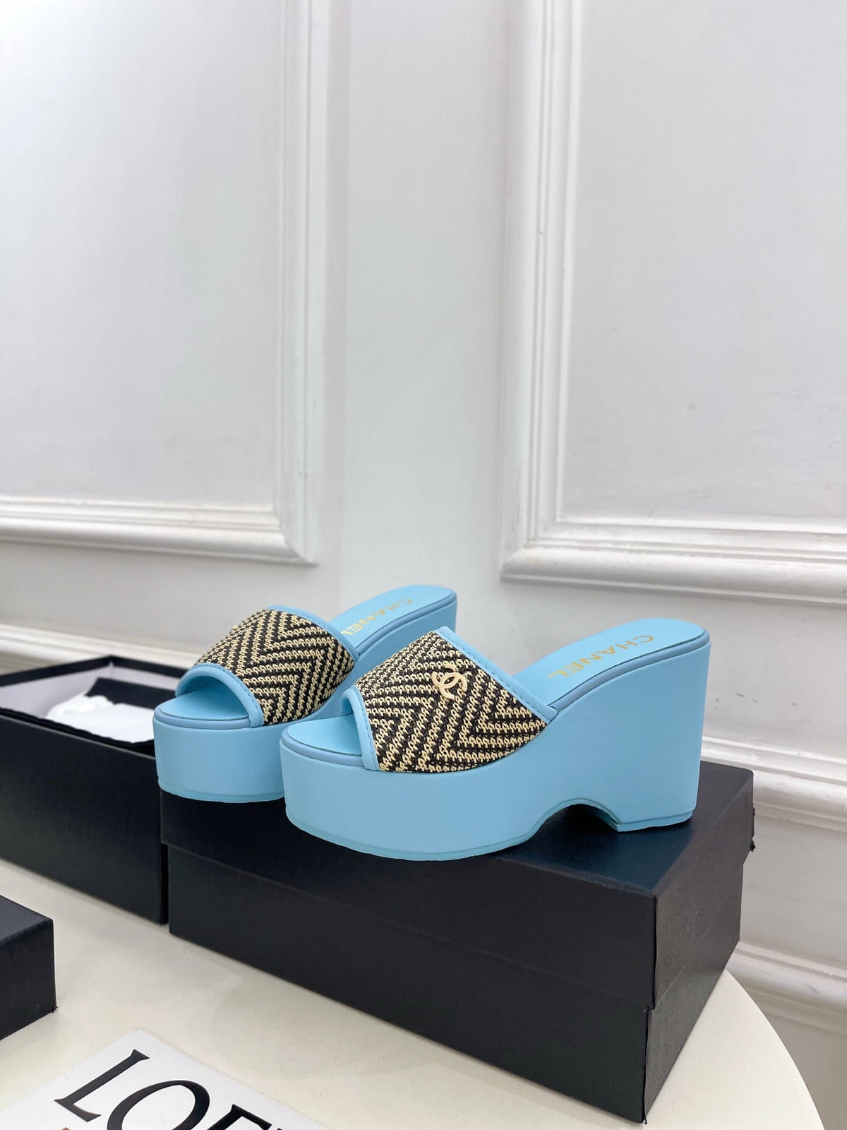 CC Double C Platform Wedge Mules 10cm Blue Tweed 891785