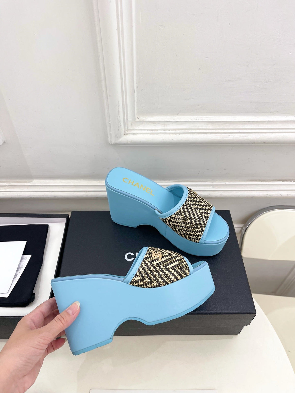 CC Double C Platform Wedge Mules 10cm Blue Tweed 891785