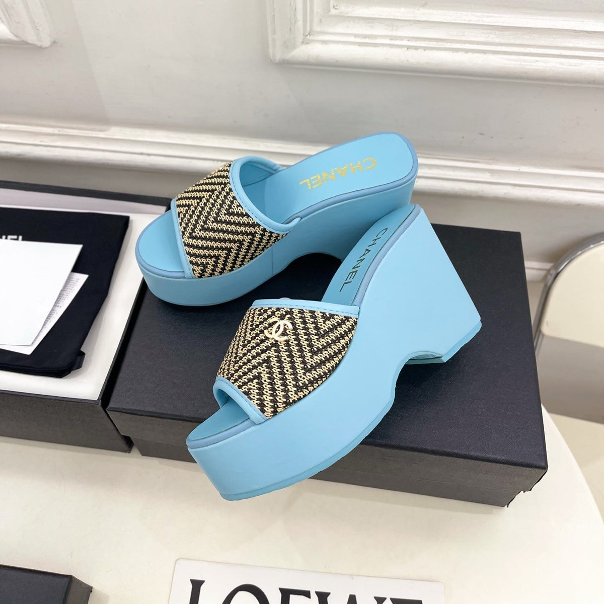 CC Double C Platform Wedge Mules 10cm Blue Tweed 891785