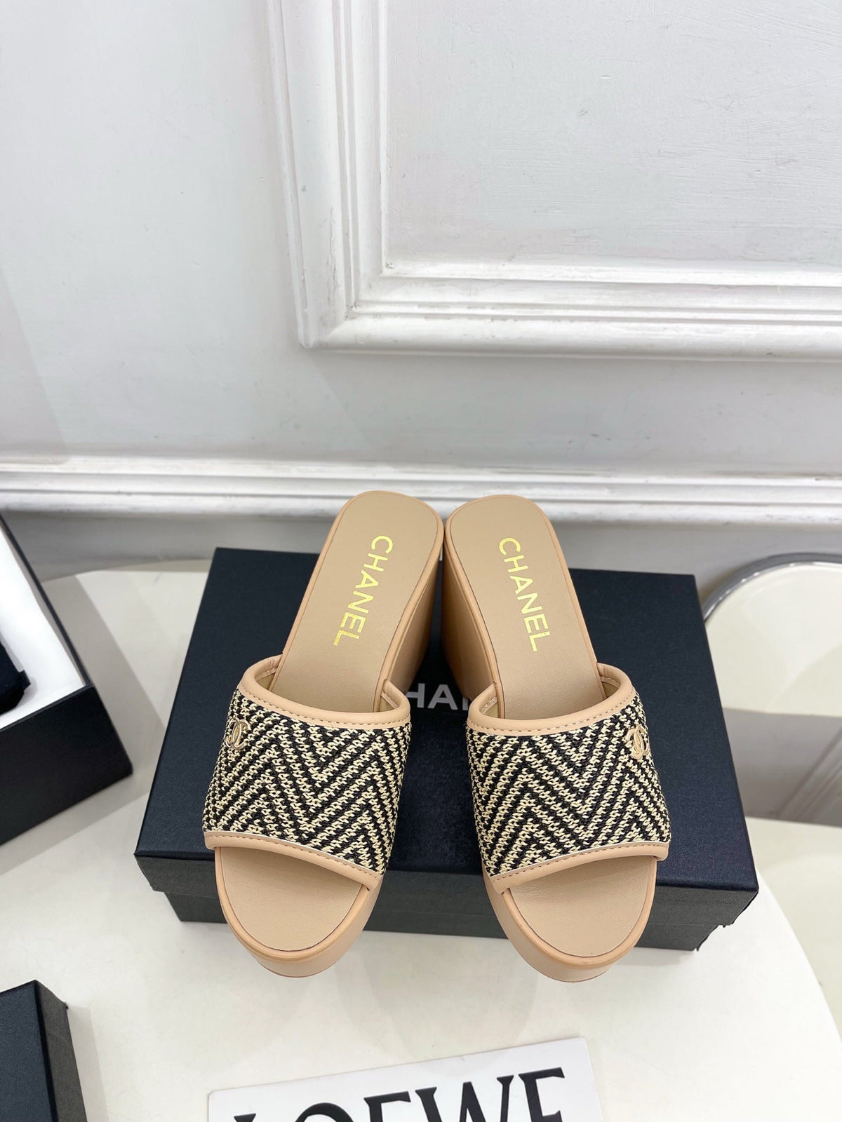 CC Double C Platform Wedge Mules 10cm Beige Tweed 891784
