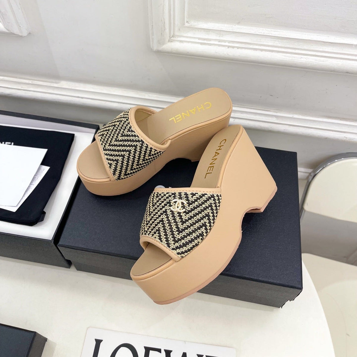 CC Double C Platform Wedge Mules 10cm Beige Tweed 891784