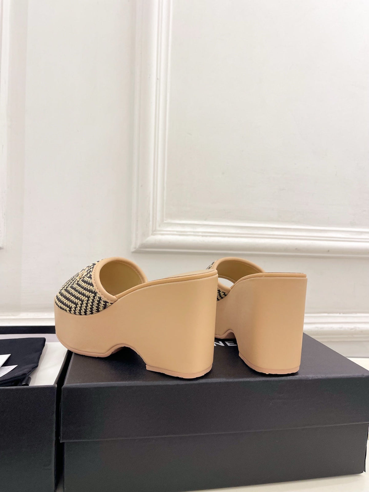 CC Double C Platform Wedge Mules 10cm Beige Tweed 891784