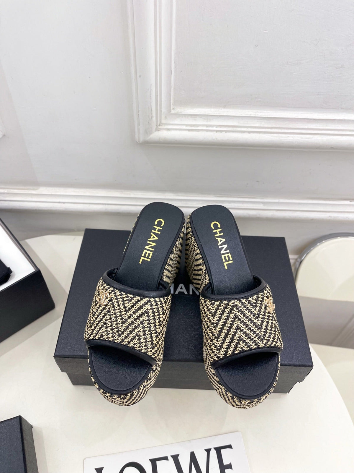 CC Double C Platform Wedge Mules 10cm Black Tweed 891783