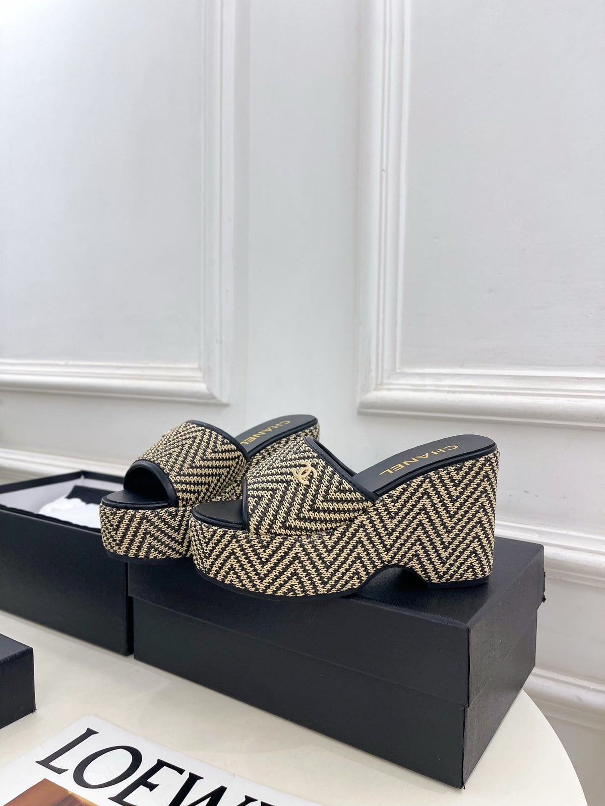CC Double C Platform Wedge Mules 10cm Black Tweed 891783