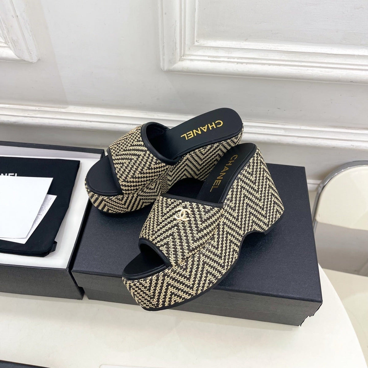 CC Double C Platform Wedge Mules 10cm Black Tweed 891783