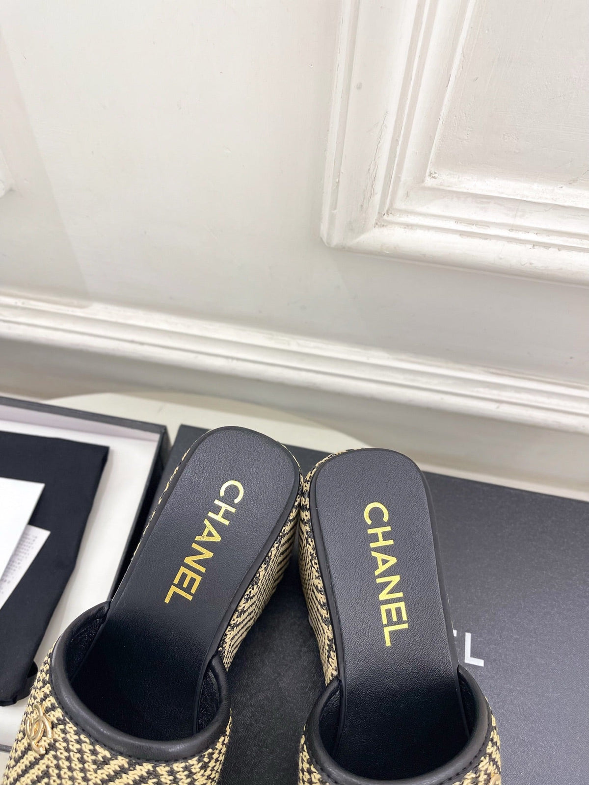 CC Double C Platform Wedge Mules 10cm Black Tweed 891783