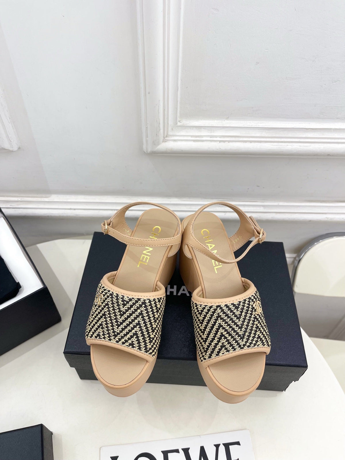CC Double C Platform Wedge Sandals 10cm Beige Tweed 891782
