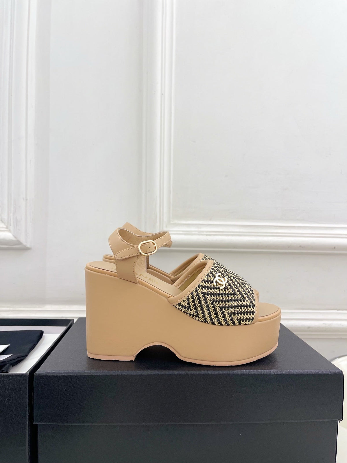 CC Double C Platform Wedge Sandals 10cm Beige Tweed 891782