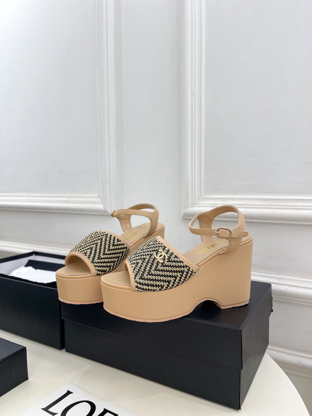 CC Double C Platform Wedge Sandals 10cm Beige Tweed 891782