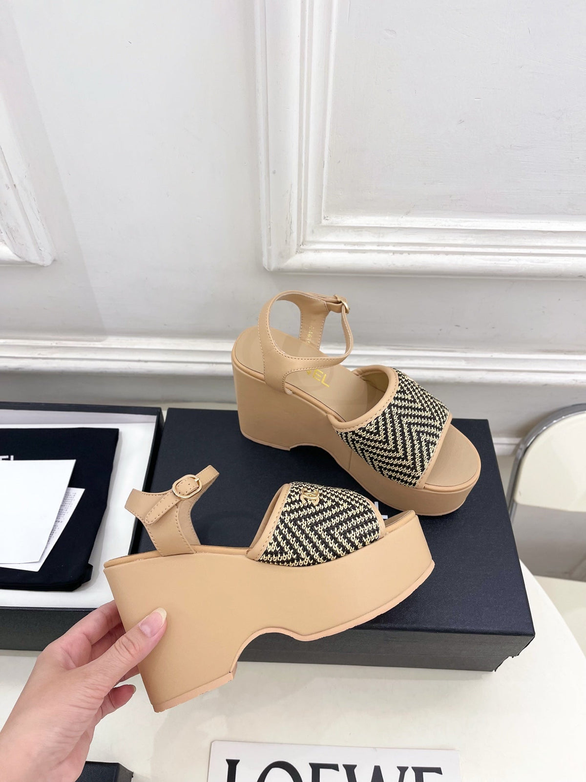 CC Double C Platform Wedge Sandals 10cm Beige Tweed 891782