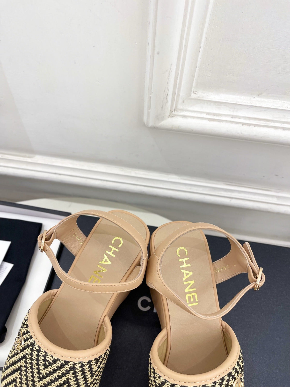 CC Double C Platform Wedge Sandals 10cm Beige Tweed 891782
