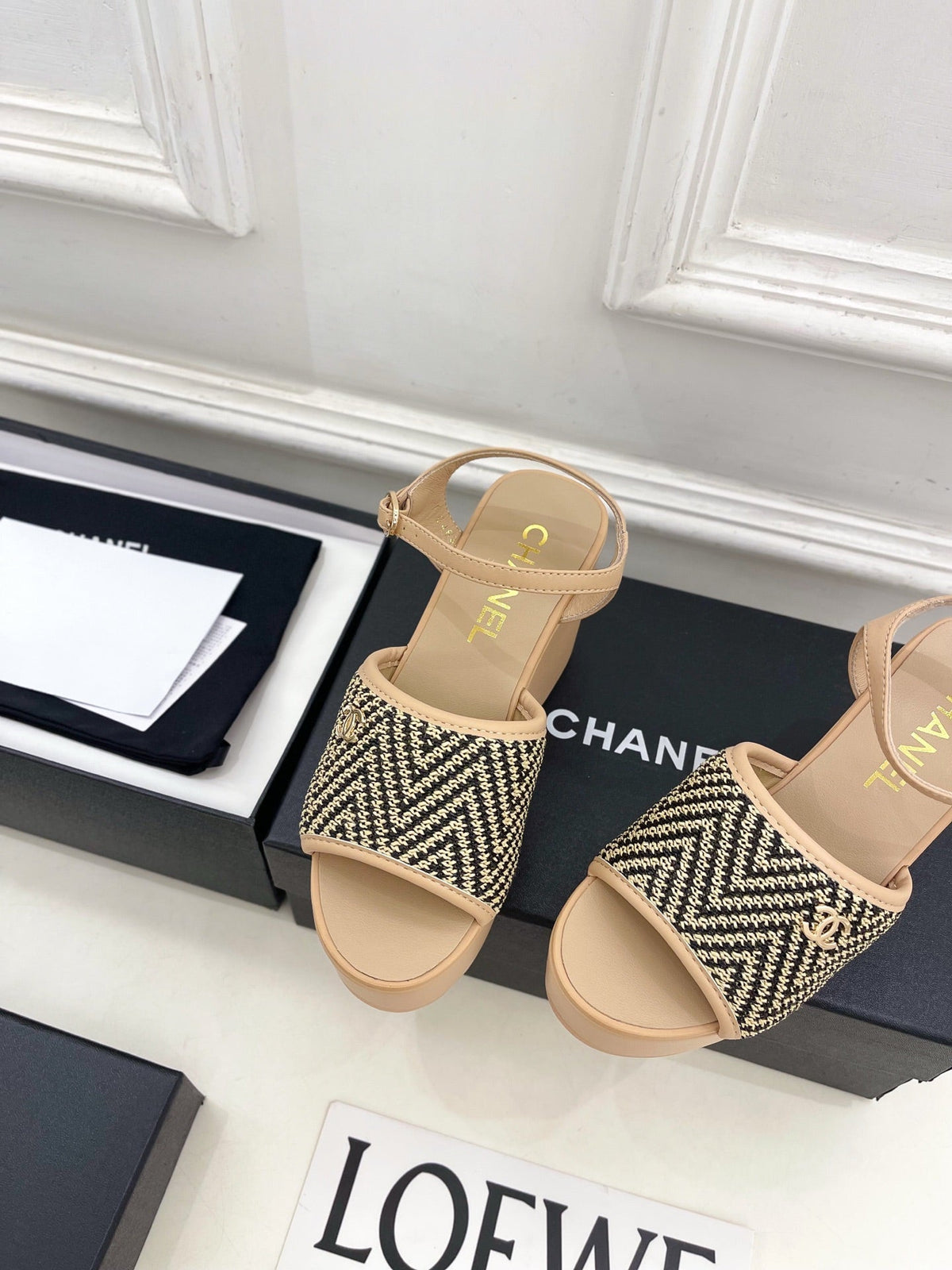 CC Double C Platform Wedge Sandals 10cm Beige Tweed 891782
