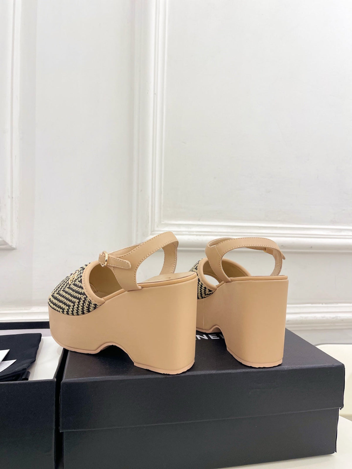 CC Double C Platform Wedge Sandals 10cm Beige Tweed 891782