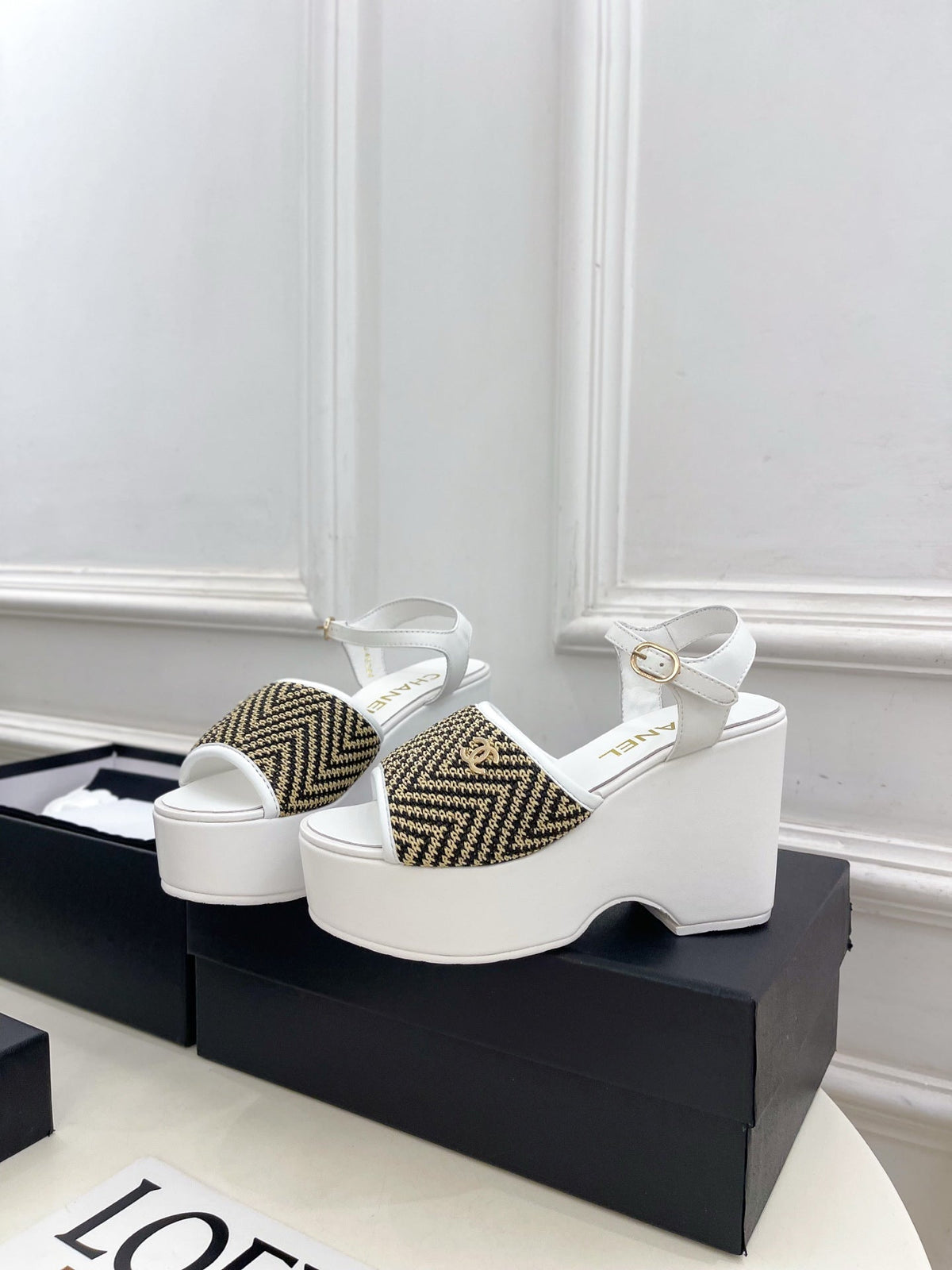 CC Double C Platform Wedge Sandals 10cm White Tweed 891781