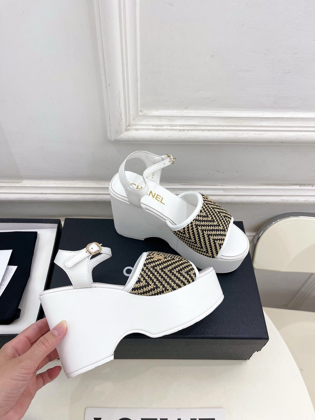 CC Double C Platform Wedge Sandals 10cm White Tweed 891781