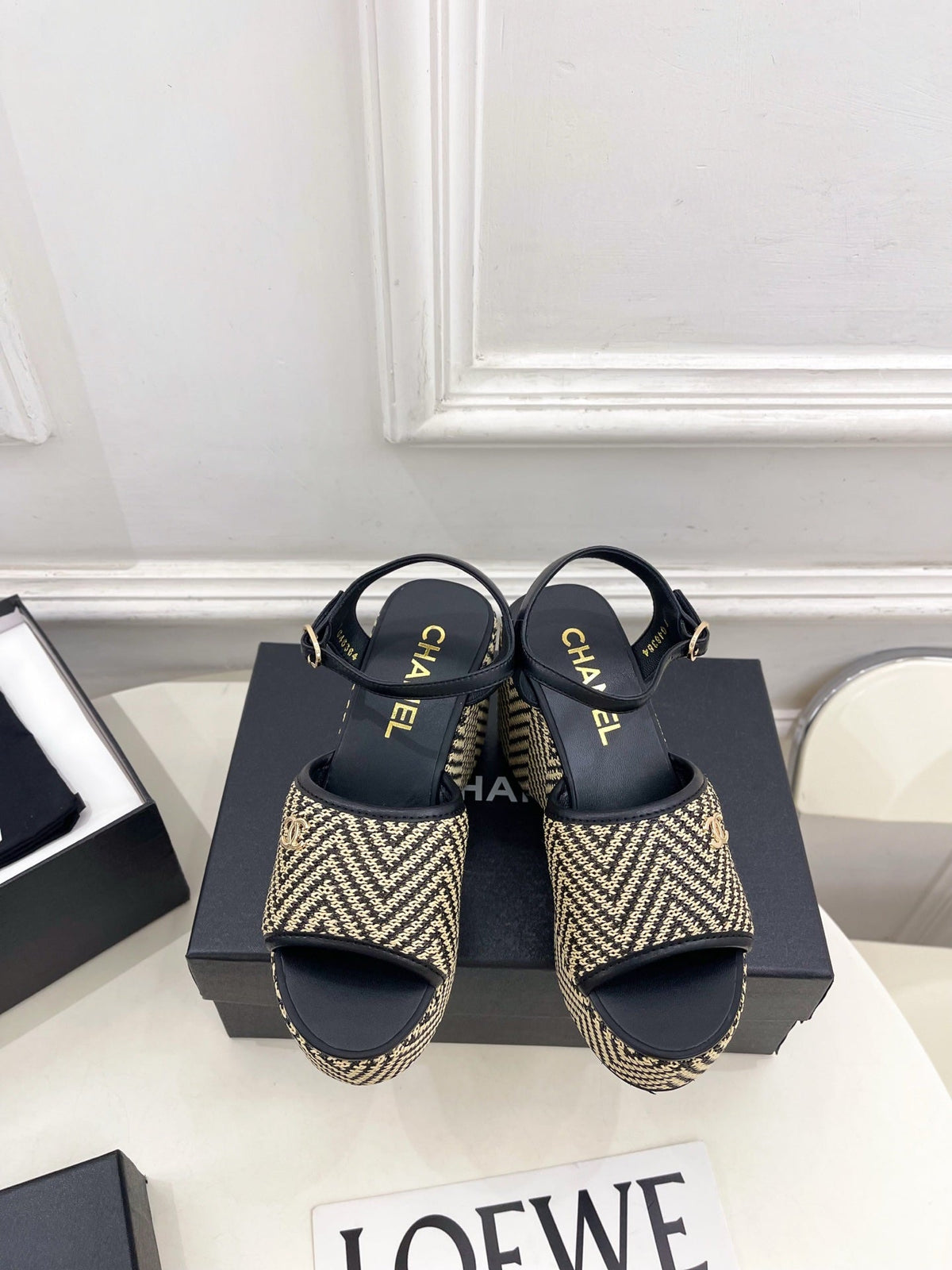 CC Double C Platform Wedge Sandals 10cm Black Tweed 891780