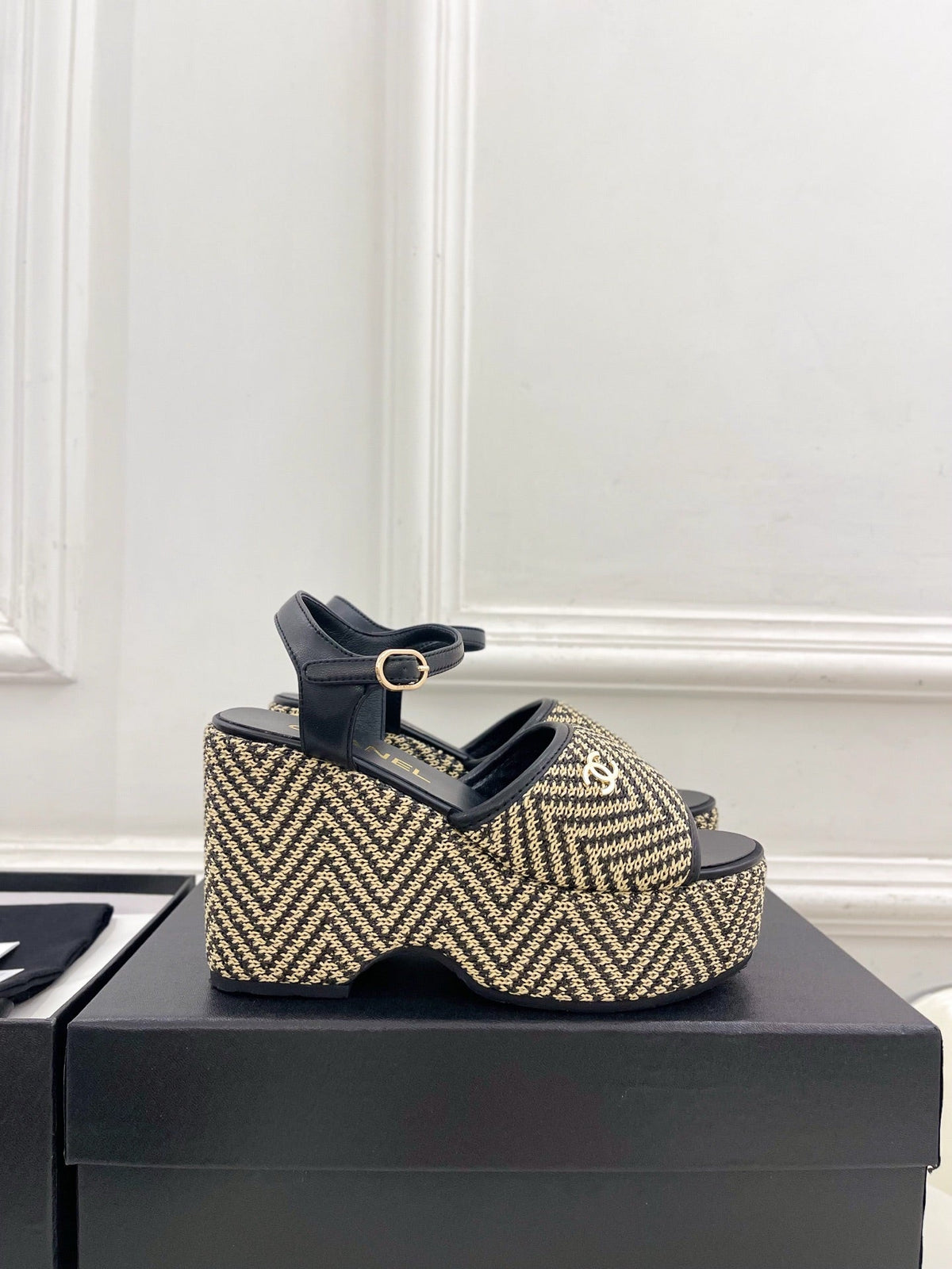 CC Double C Platform Wedge Sandals 10cm Black Tweed 891780