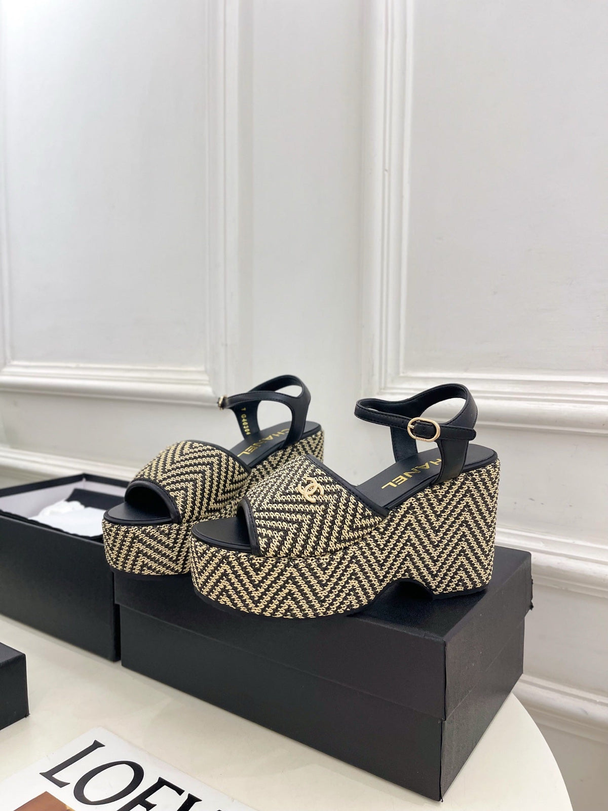 CC Double C Platform Wedge Sandals 10cm Black Tweed 891780