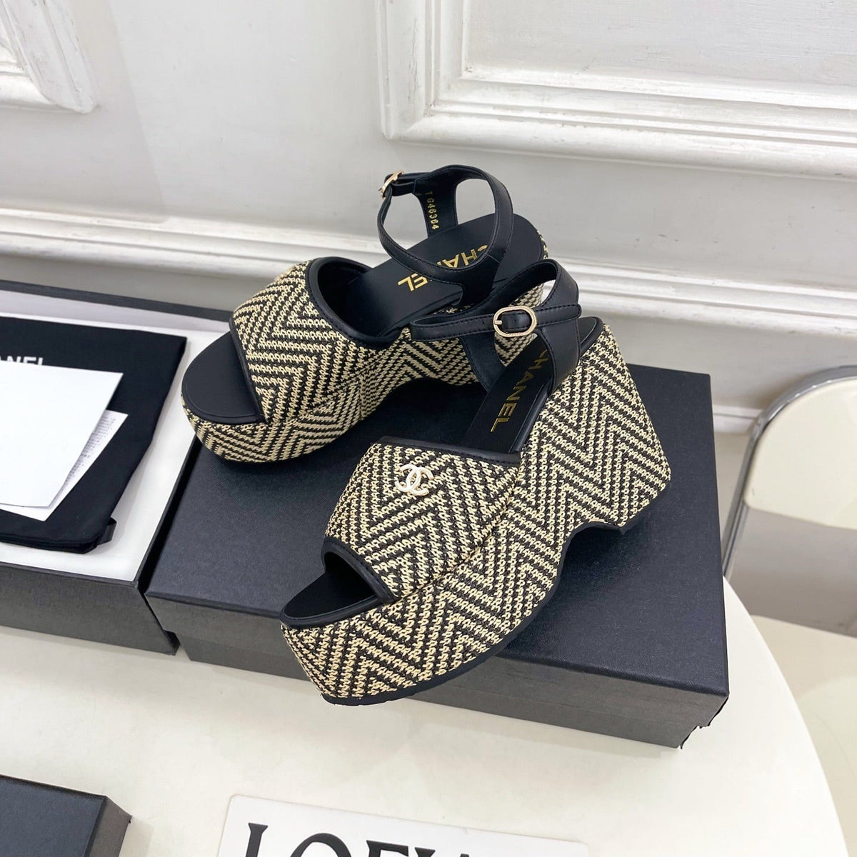 CC Double C Platform Wedge Sandals 10cm Black Tweed 891780