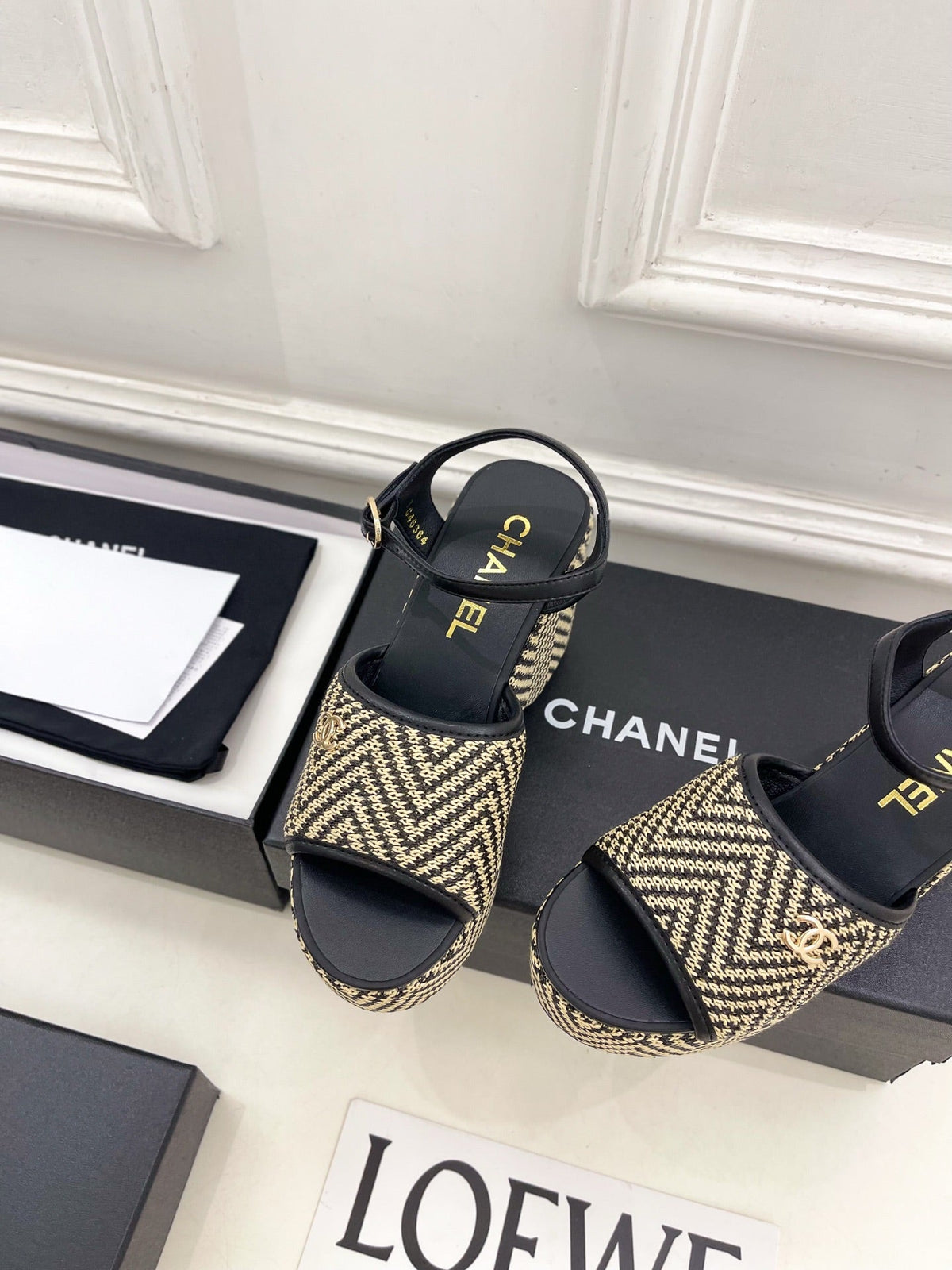 CC Double C Platform Wedge Sandals 10cm Black Tweed 891780