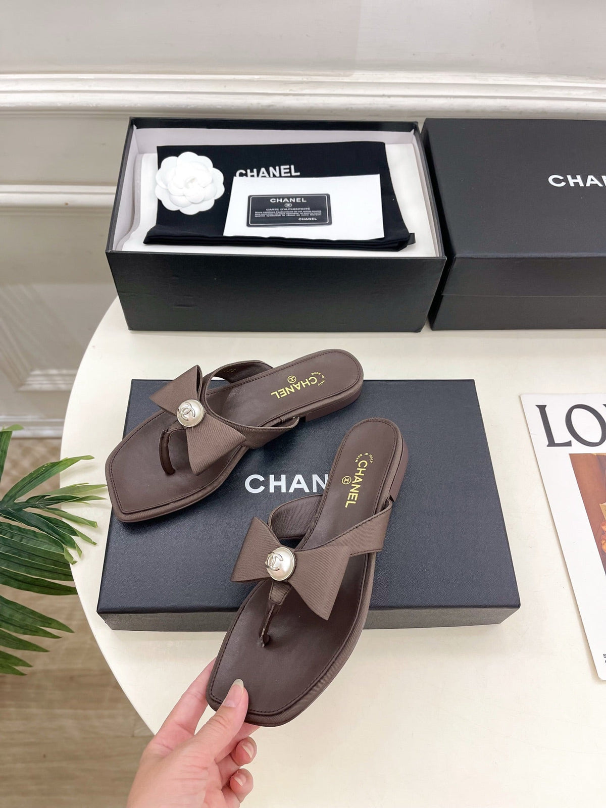 CC Pearl Bow Thong Flat Sandals Brown Satin 891778