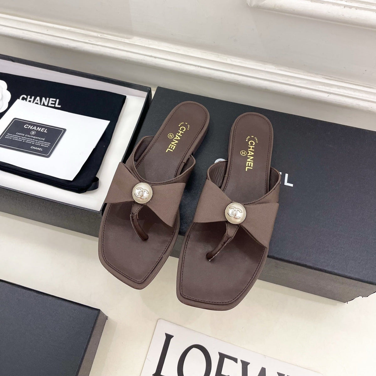 CC Pearl Bow Thong Flat Sandals Brown Satin 891778