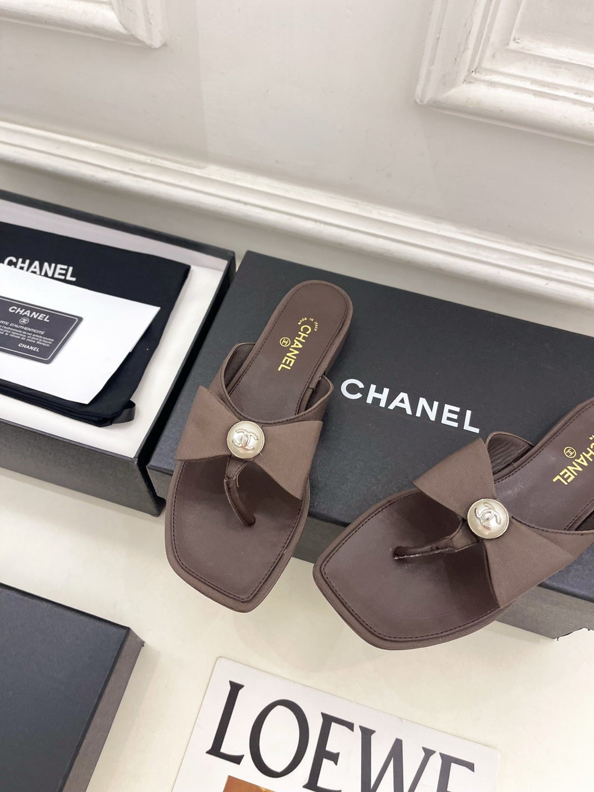 CC Pearl Bow Thong Flat Sandals Brown Satin 891778