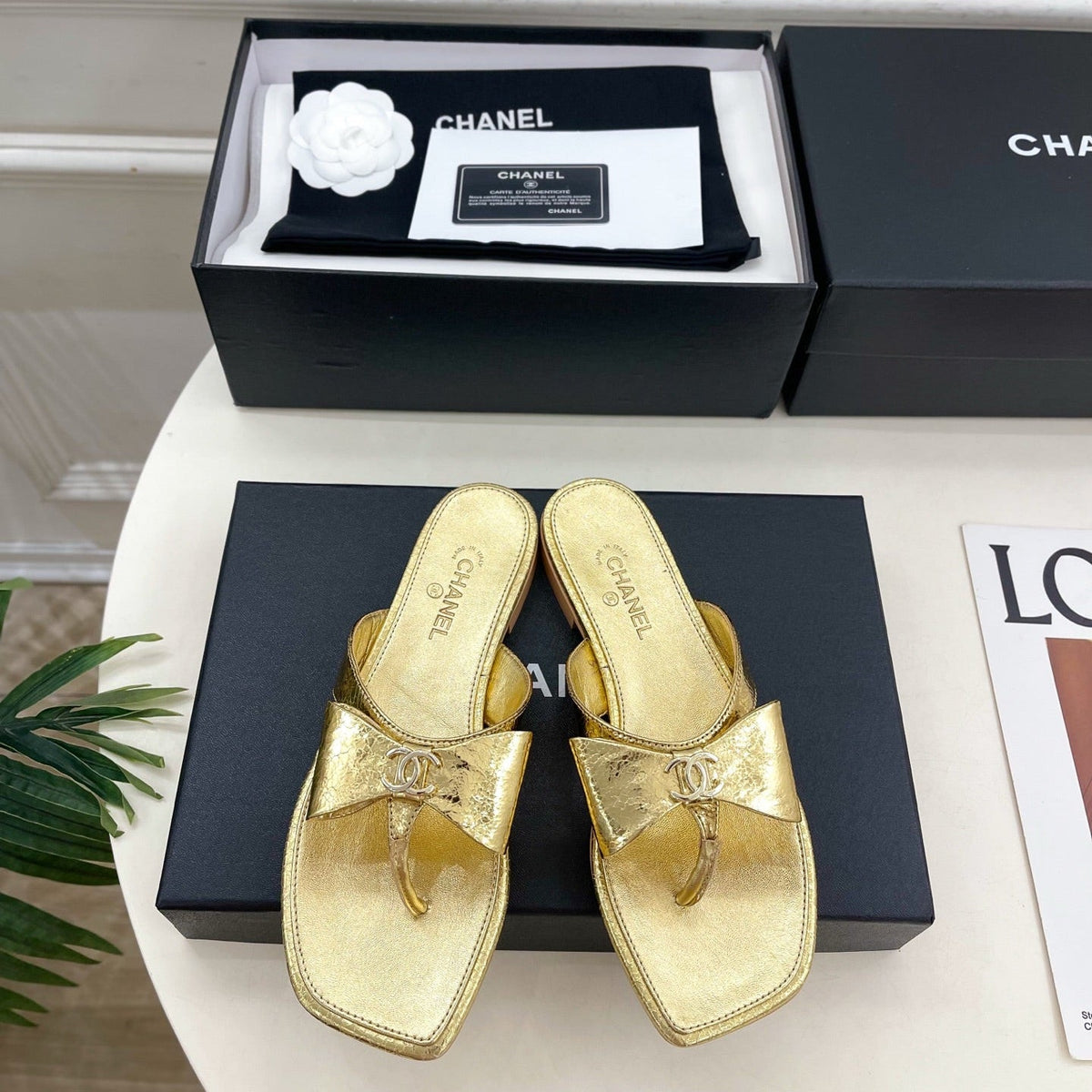 CC Bow Thong Flat Sandals Gold Metallic Leather 891773