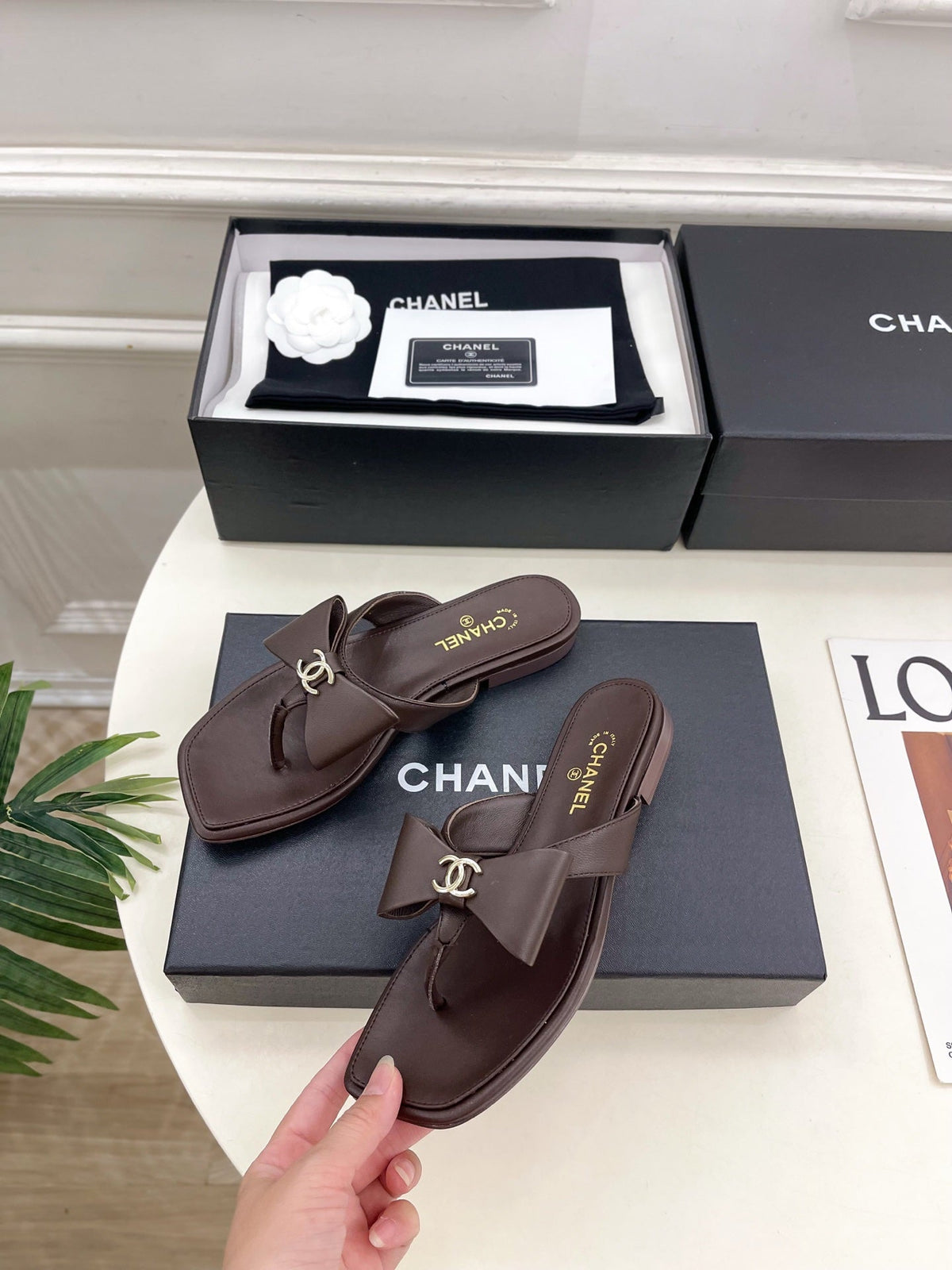 CC Bow Thong Flat Sandals Brown Leather 891772