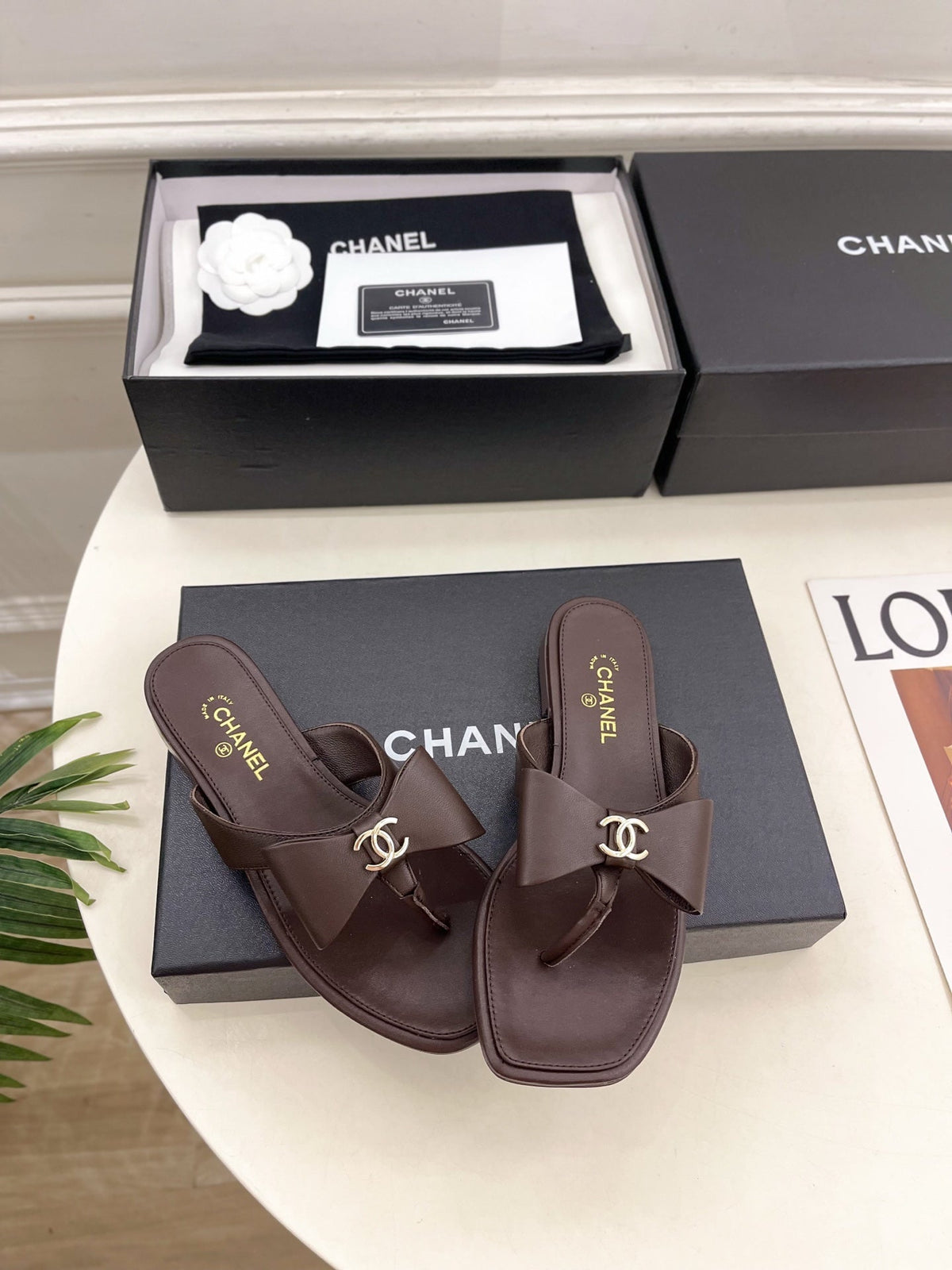 CC Bow Thong Flat Sandals Brown Leather 891772