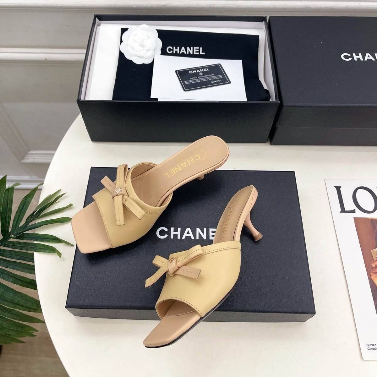 CC Bow Mules 5cm Beige Lambskin Leather 891757