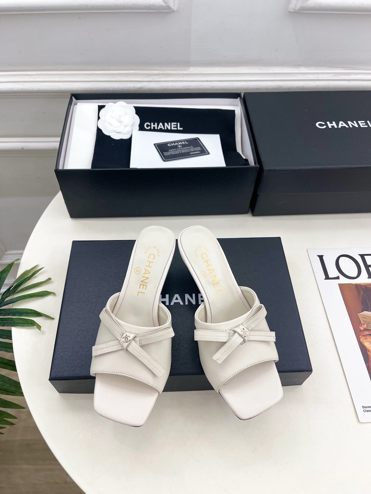 CC Bow Mules 5cm Cream Lambskin Leather 891755
