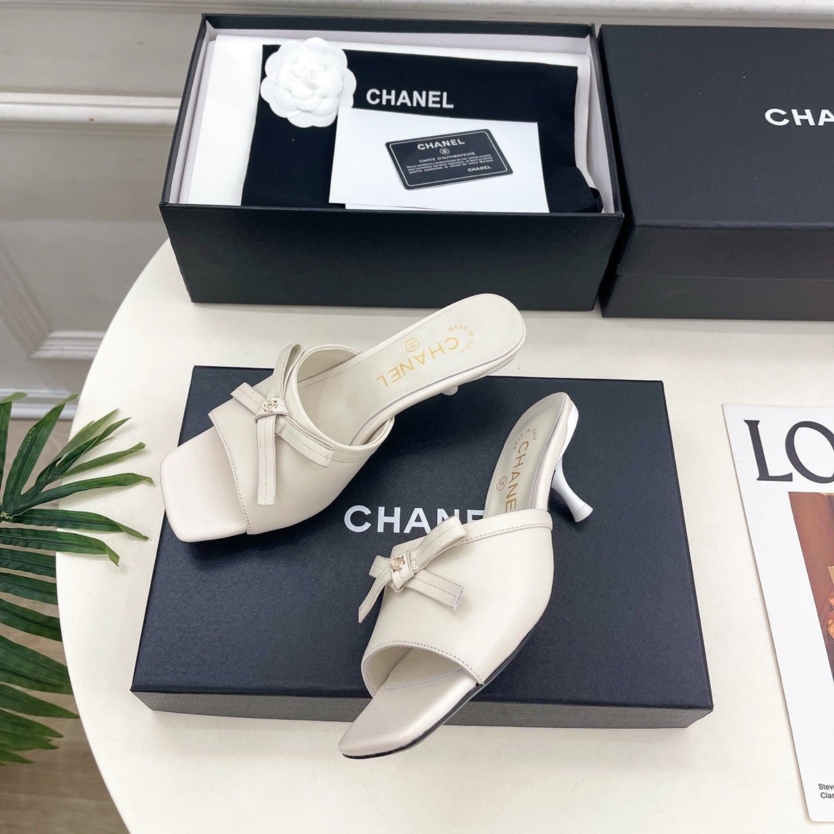 CC Bow Mules 5cm Cream Lambskin Leather 891755